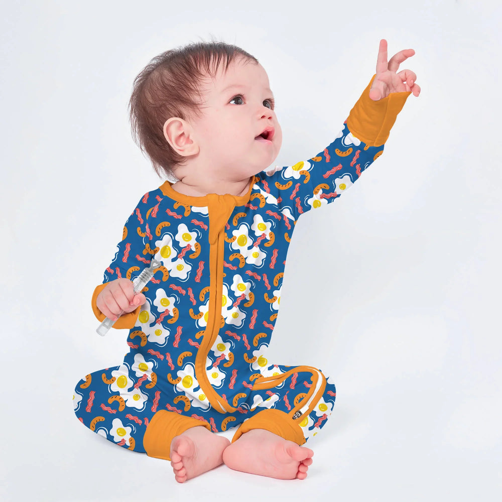 Egg And Hot Dog Breakfast Convertible Zippered Romper , Egg And Hot Dog Breakfast Convertible Zippered Romper - Newborn