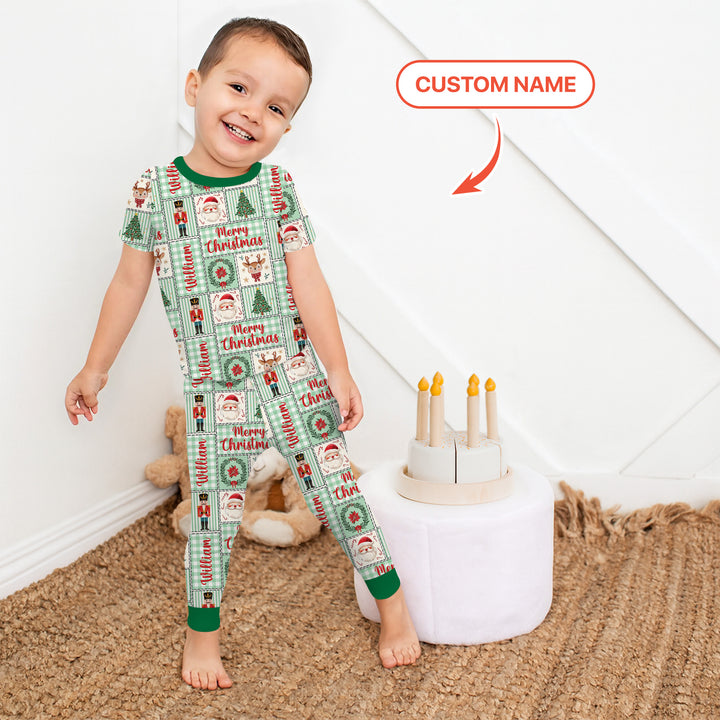 Merry Patchwork Christmas Custom Name Two Piece Short Sleeve Pajama Set