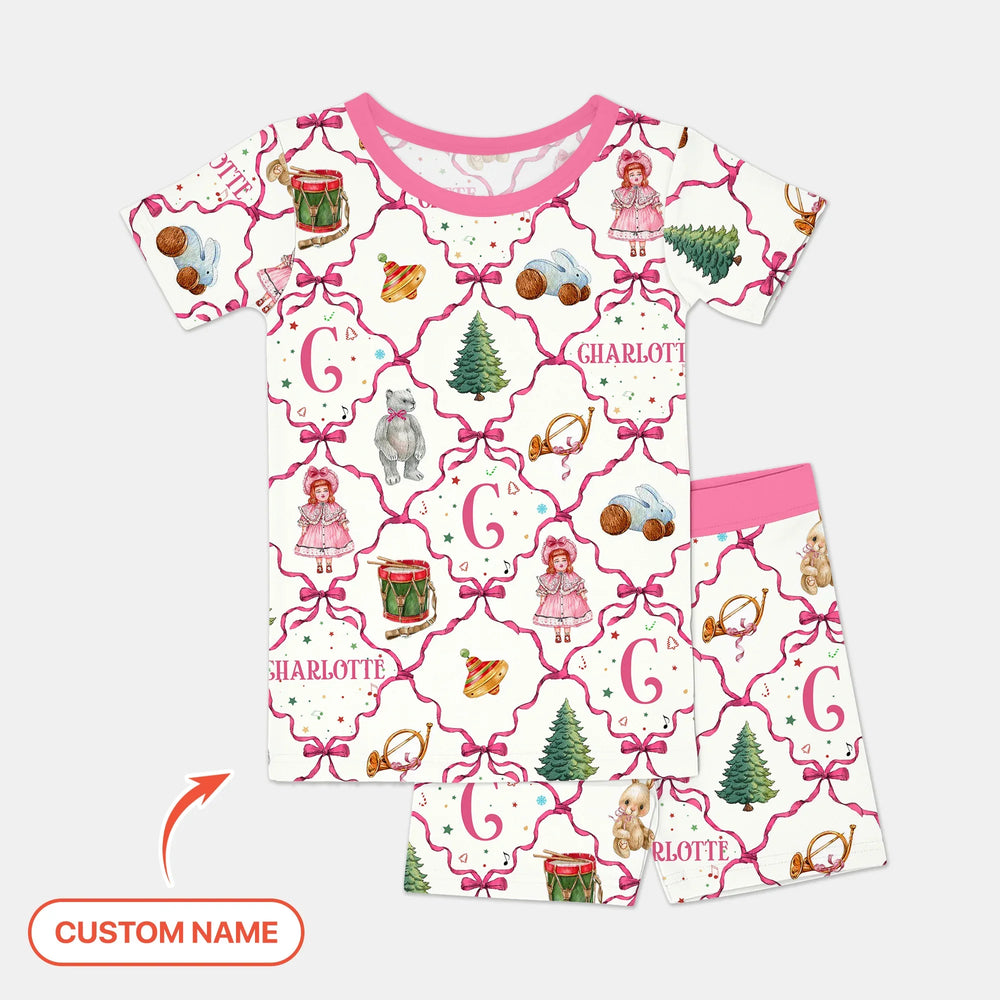 Vintage Christmas Toy Custom Name Girl Two Piece Short Sleeve Shorts Pajama Set , Vintage Christmas Toy Custom Name Girl Two Piece Short Sleeve Shorts Pajama Set - 12-18M