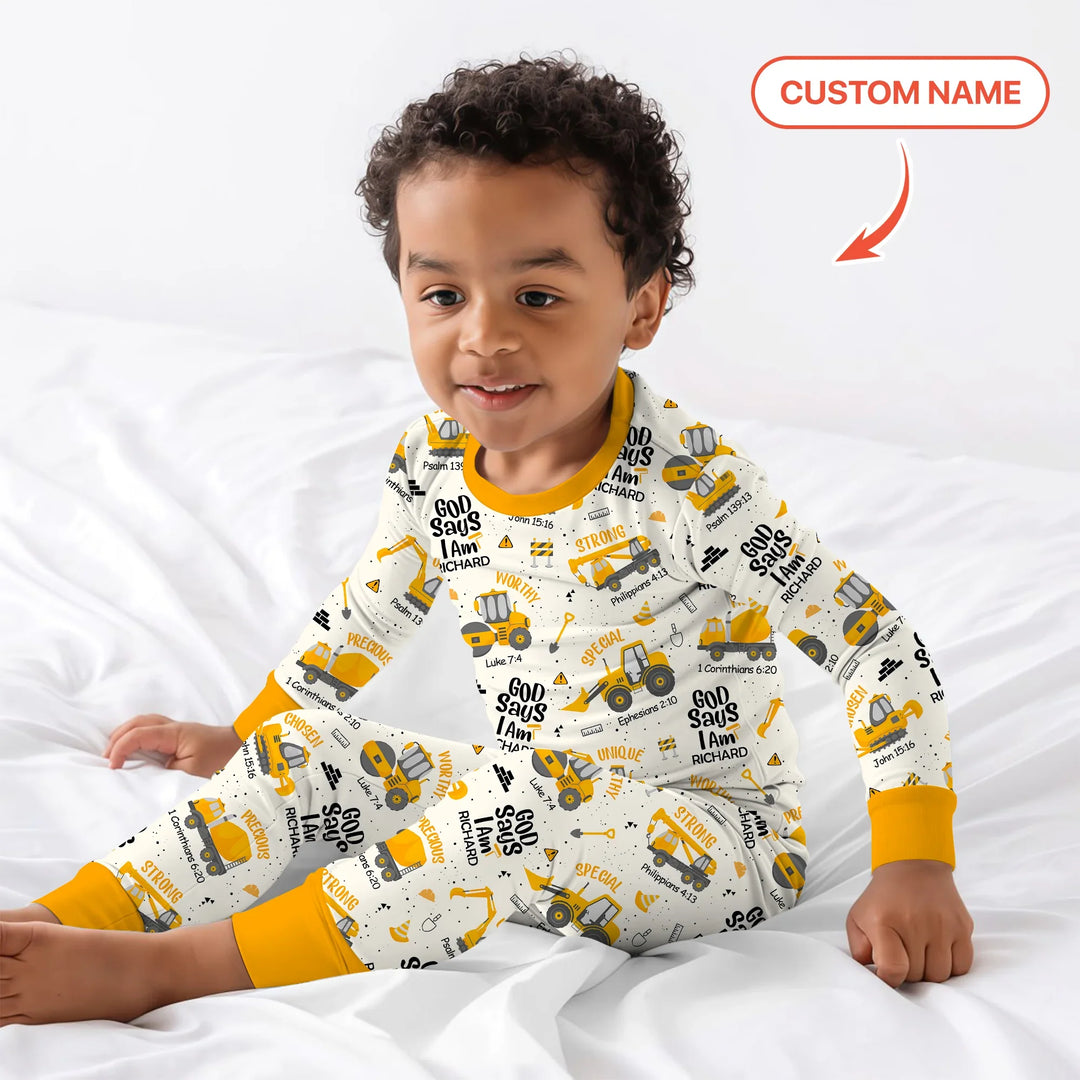 God Says I Am Custom Name Boy Two Piece Long Sleeve Pajama Set , God Says I Am Custom Name Boy Two Piece Long Sleeve Pajama Set - 12-18M
