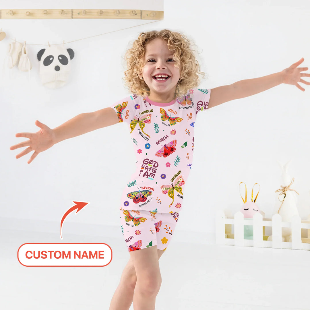 Custom Name God says I am Butterfly Two Piece Short Sleeve Shorts Pajama Set , Custom Name God says I am Butterfly Two Piece Short Sleeve Shorts Pajama Set - 12-18M