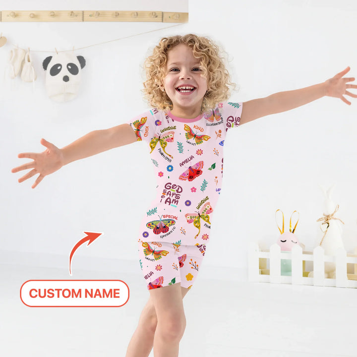 Custom Name God says I am Butterfly Two Piece Short Sleeve Shorts Pajama Set , Custom Name God says I am Butterfly Two Piece Short Sleeve Shorts Pajama Set - 12-18M