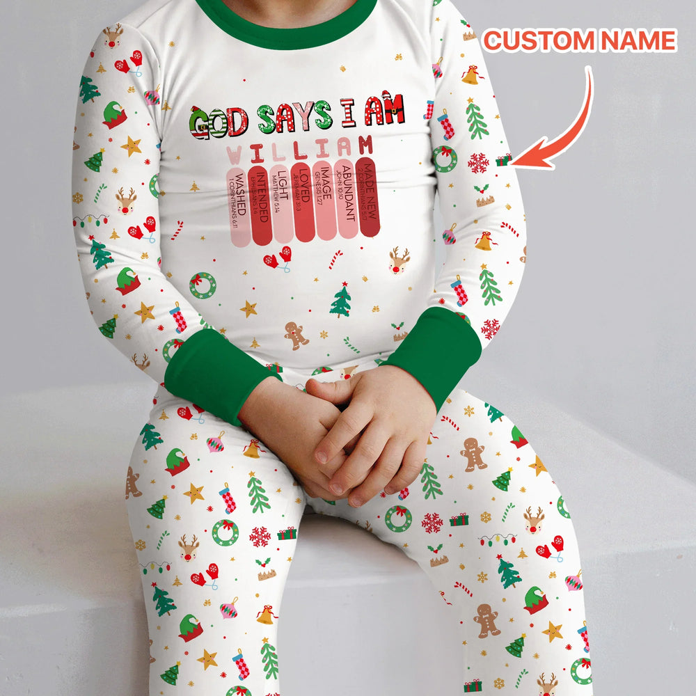 Christmas Blessings God Says I Am Custom Name Two Piece Long Sleeve Pajama Set , Christmas Blessings God Says I Am Custom Name Two Piece Long Sleeve Pajama Set - 12-18M