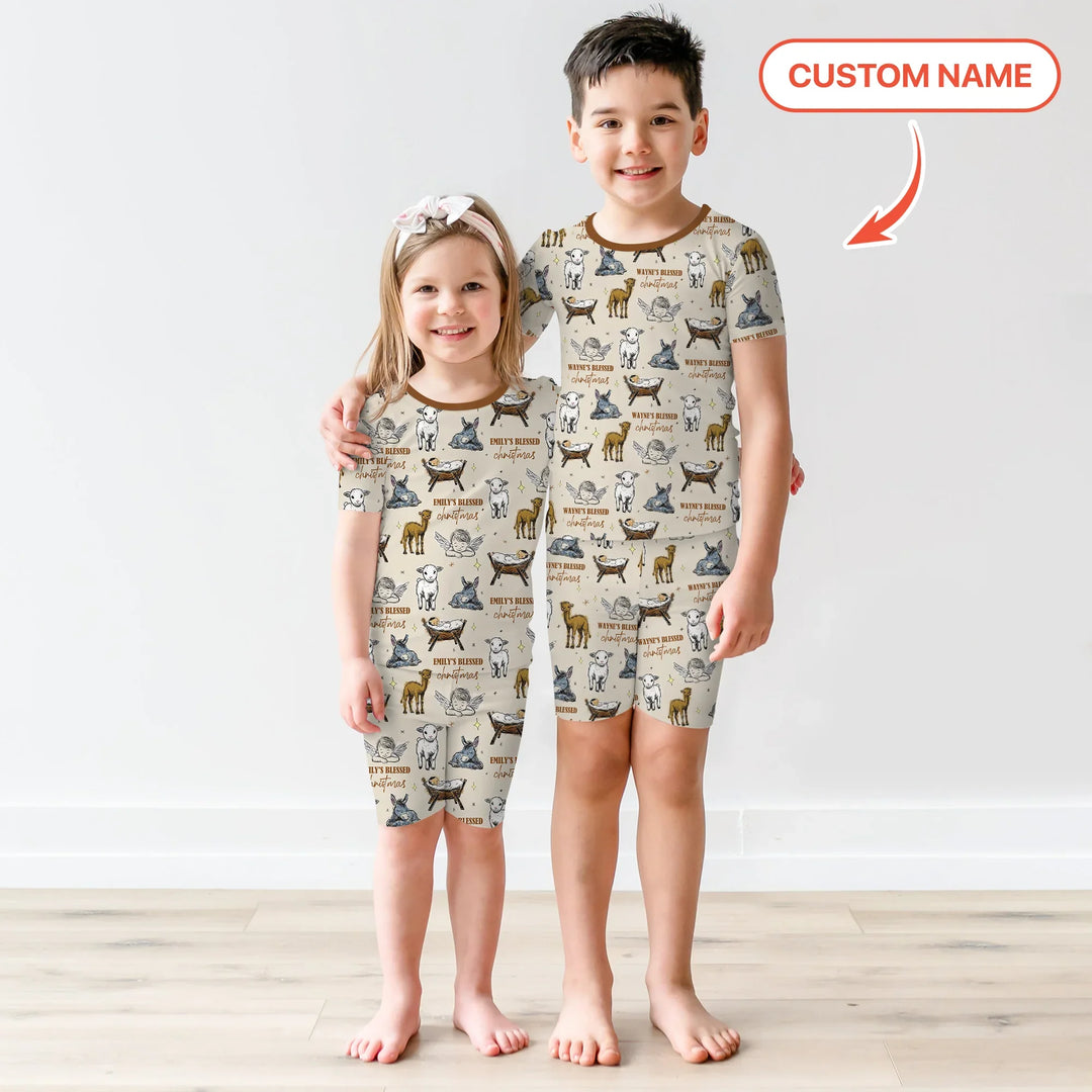 Custom Name Baby Blessed Christmas Two Piece Short Sleeve Shorts Pajama Set , Custom Name Baby Blessed Christmas Two Piece Short Sleeve Shorts Pajama Set - 12-18M