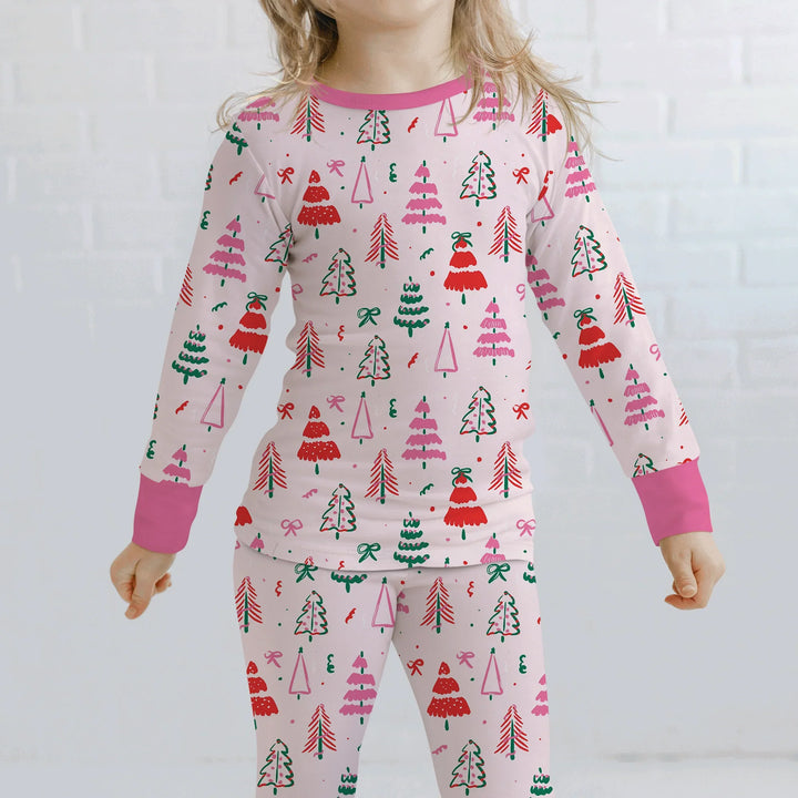 Pink Christmas Tree Farm Two Piece Long Sleeve Pajama Set , Pink Christmas Tree Farm Two Piece Long Sleeve Pajama Set - 12-18M
