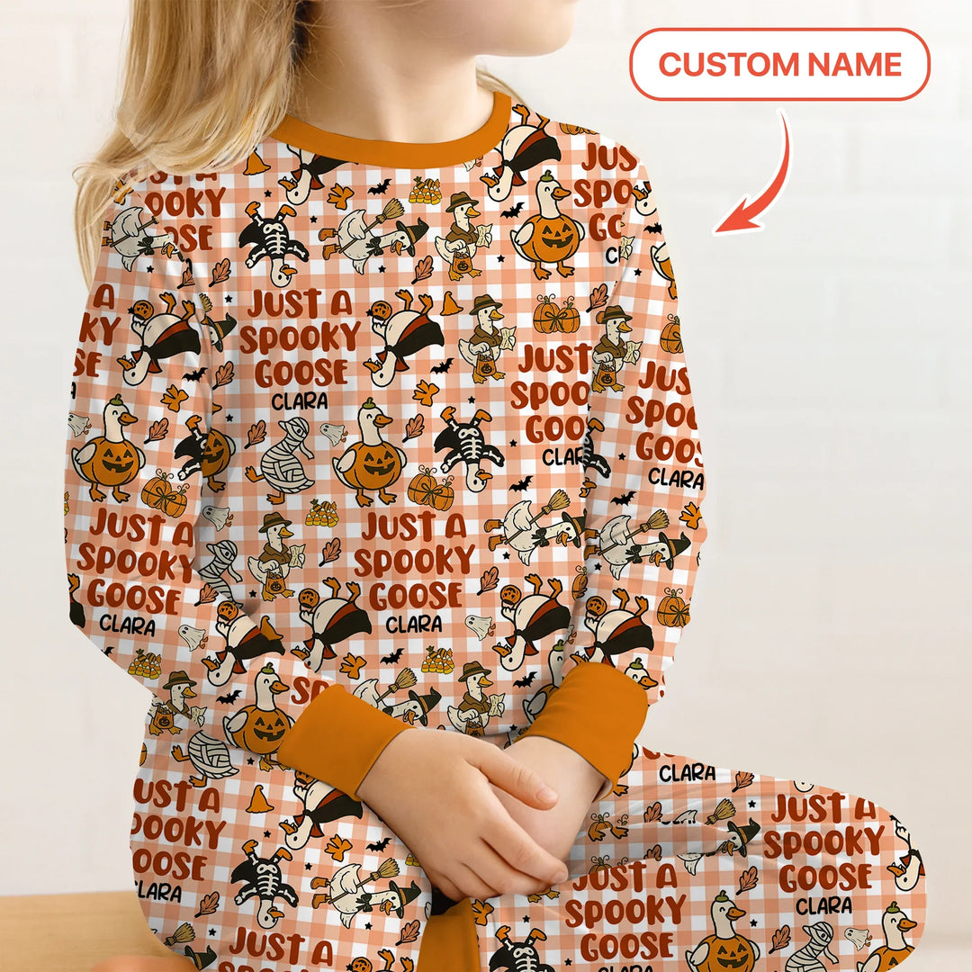 Just A Spooky Goose Custom Name Girl Version Long Sleeve Pajama Set , Just A Spooky Goose Custom Name Girl Version Long Sleeve Pajama Set - 12-18M