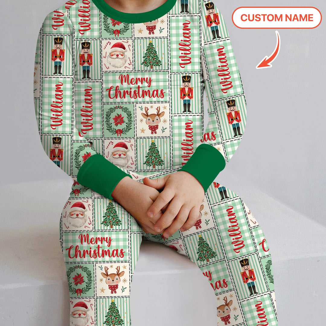 Merry Patchwork Christmas Custom Name Two Piece Long Sleeve Pajama Set
