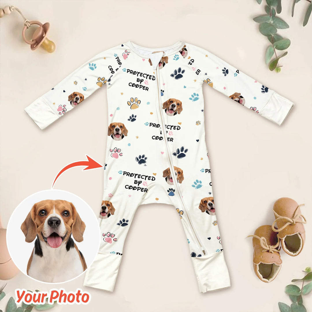 Custom Dog Photo "Protected By" Convertible Zippered Romper , Custom Dog Photo "Protected By" Convertible Zippered Romper - 0-3M