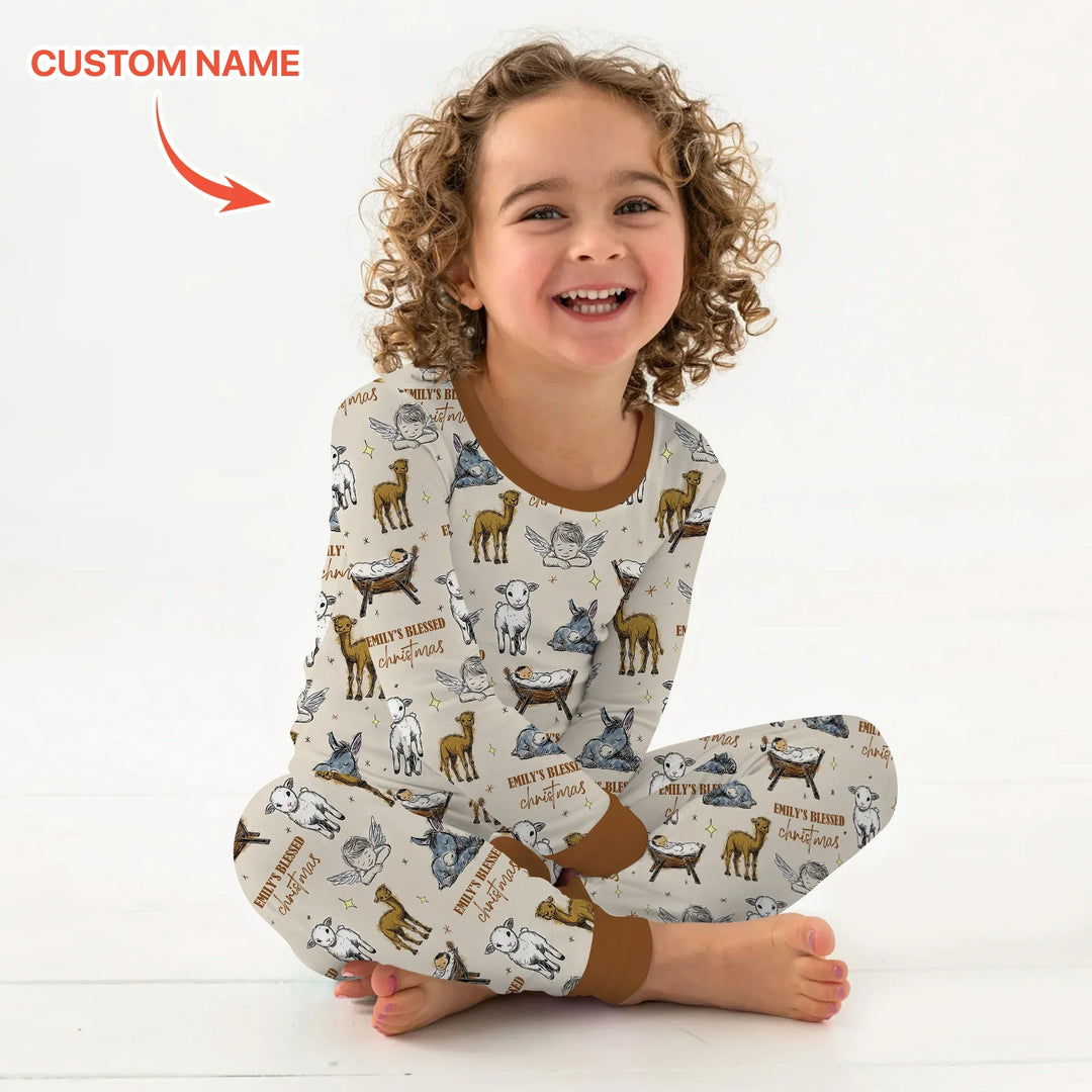 Custom Name Baby Blessed Christmas Two Piece Long Sleeve Pajama Set , Custom Name Baby Blessed Christmas Two Piece Long Sleeve Pajama Set - 12-18M