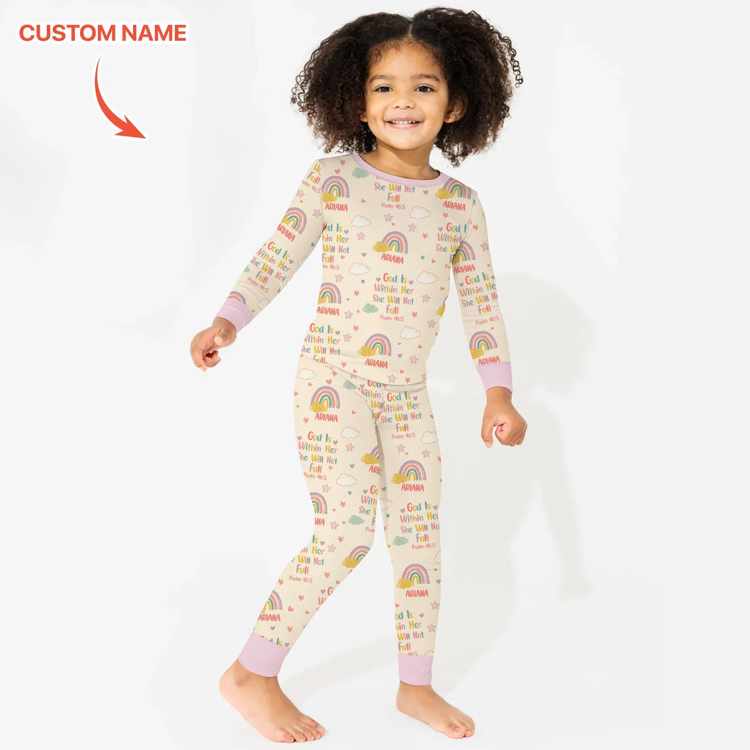 God Is Within Her She Will Not Fall Custom Name Two Piece Long Sleeve Pajama Set , God Is Within Her She Will Not Fall Custom Name Two Piece Long Sleeve Pajama Set - 12-18M