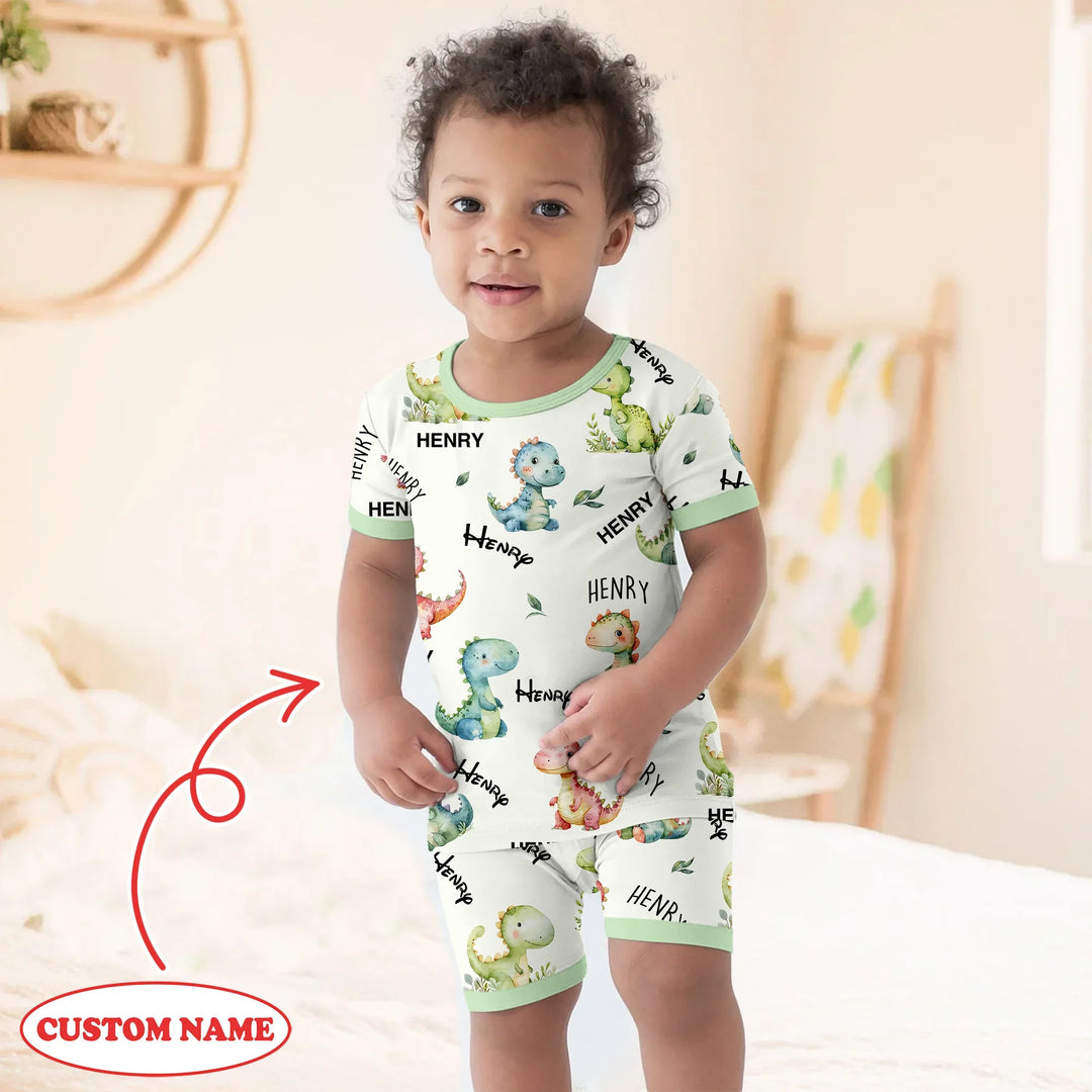 Dinosaur Custom Name Two Piece Short Sleeve Shorts Pajama Set , Dinosaur Custom Name Two Piece Short Sleeve Shorts Pajama Set - 12-18M
