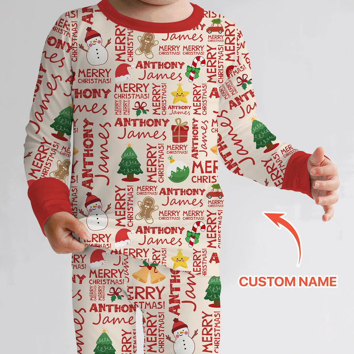 Custom Name Merry Christmas Two Piece Long Sleeve Pajama Set , Custom Name Merry Christmas Two Piece Long Sleeve Pajama Set - 12-18M