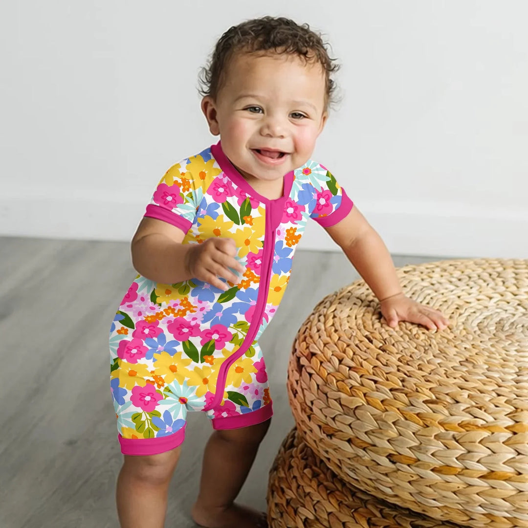 Summer Flowers Shorty Zippered Romper , Summer Flowers Shorty Zippered Romper - Newborn