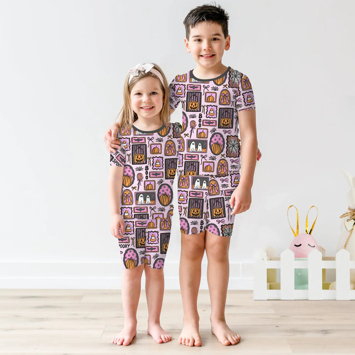 Spooky Frames Two Piece Short Sleeve Shorts Pajama Set For Halloween , Spooky Frames Two Piece Short Sleeve Shorts Pajama Set For Halloween - 12-18M