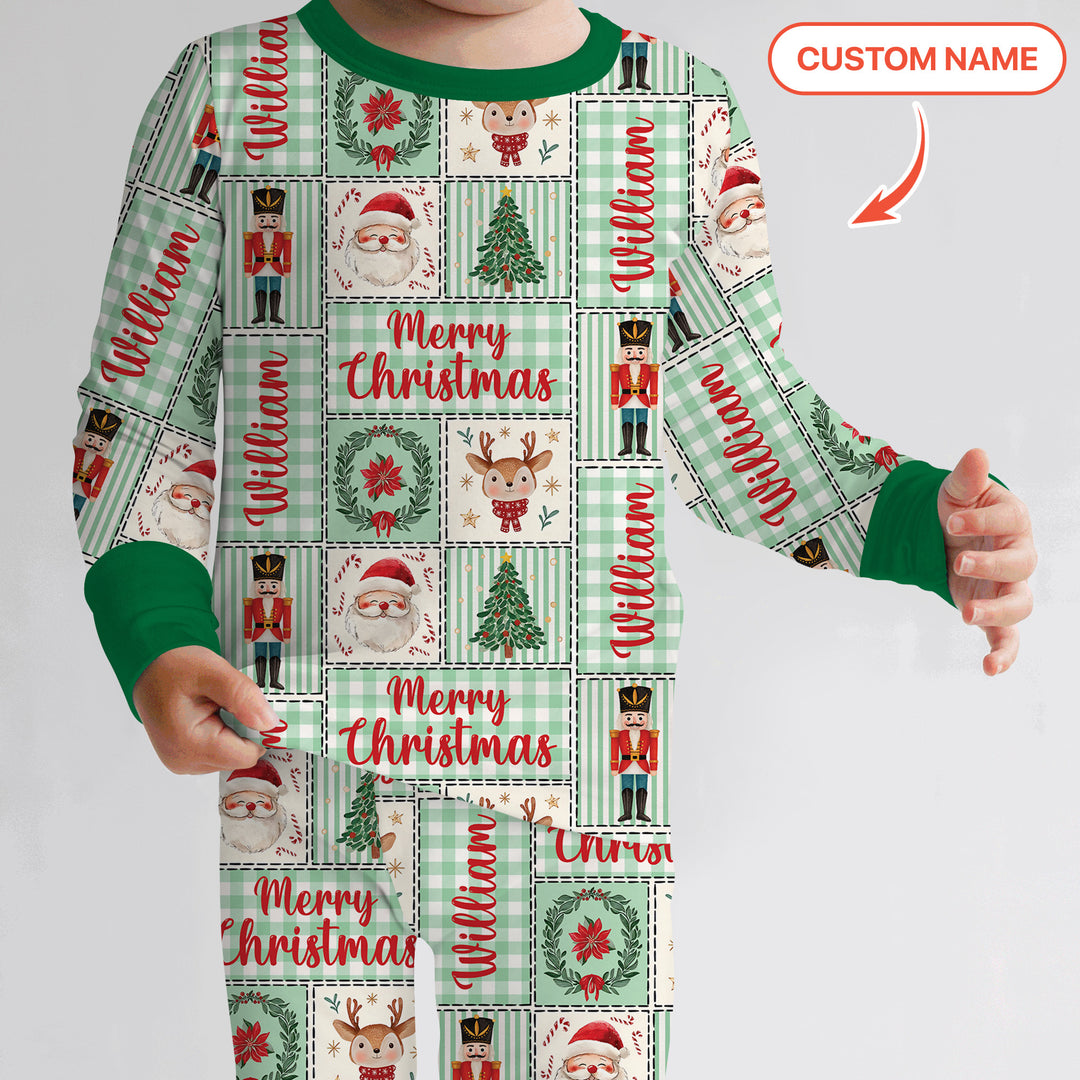 Merry Patchwork Christmas Custom Name Two Piece Long Sleeve Pajama Set