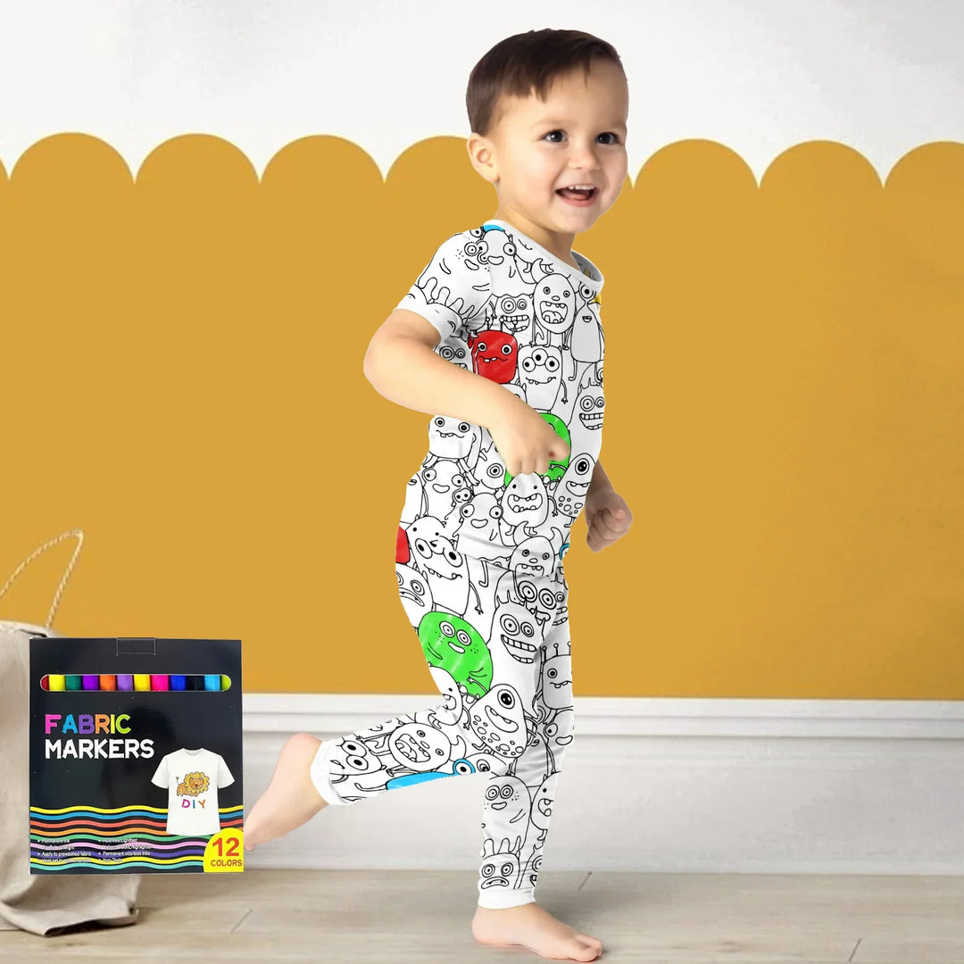 Monstrously Fun Colorable Halloween Two Piece Short Sleeve Pajama Set , Monstrously Fun Colorable Halloween Two Piece Short Sleeve Pajama Set - 3T