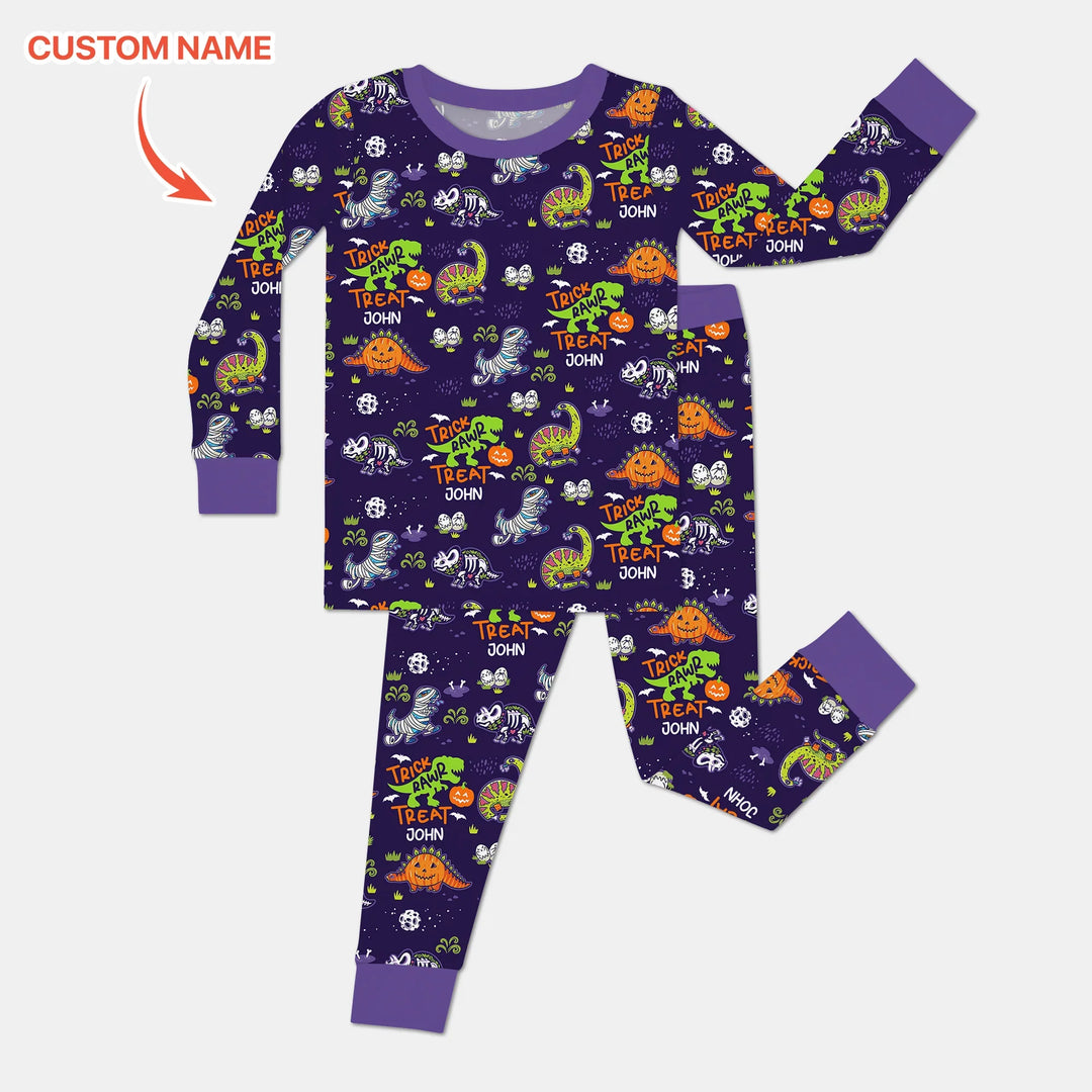 Trick Rawr Treat Custom Name Two Piece Long Sleeve Pajama Set , Trick Rawr Treat Custom Name Two Piece Long Sleeve Pajama Set - 12-18M
