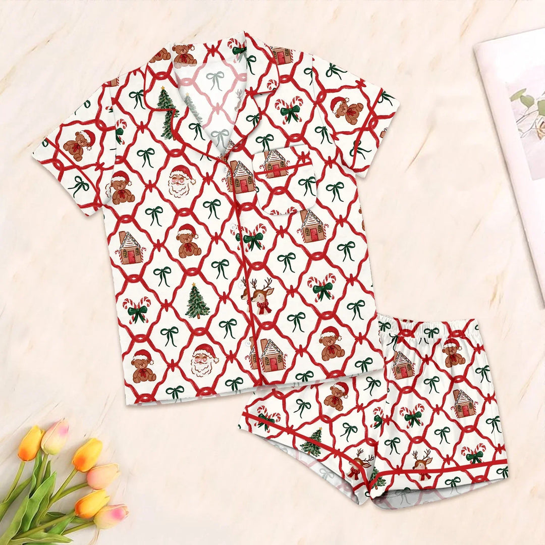 Vintage Christmas Button Down Two Piece Short Sleeve Shorts Pajama Set , Vintage Christmas Button Down Two Piece Short Sleeve Shorts Pajama Set - 3XS