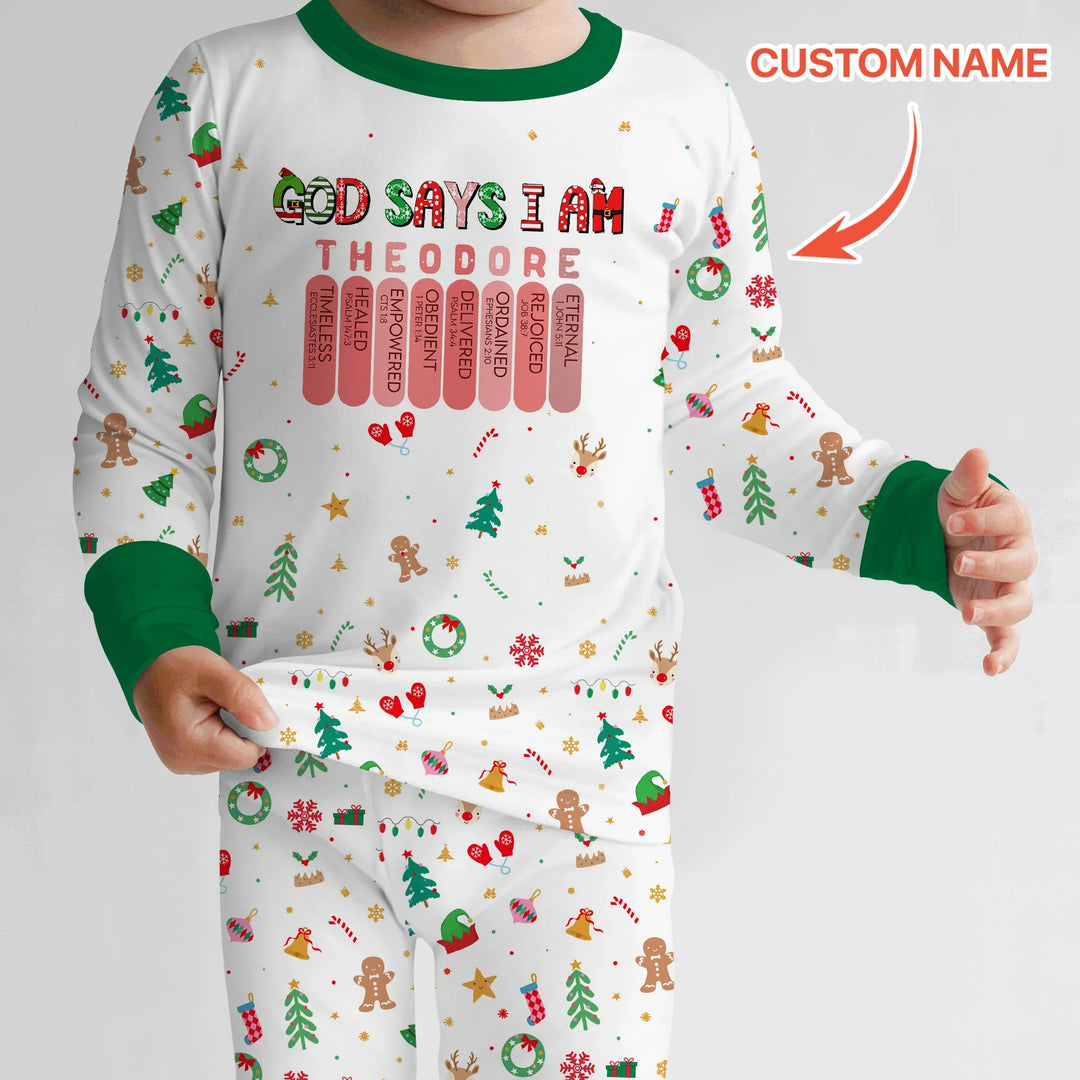 Christmas Blessings God Says I Am Custom Name Two Piece Long Sleeve Pajama Set , Christmas Blessings God Says I Am Custom Name Two Piece Long Sleeve Pajama Set - 12-18M