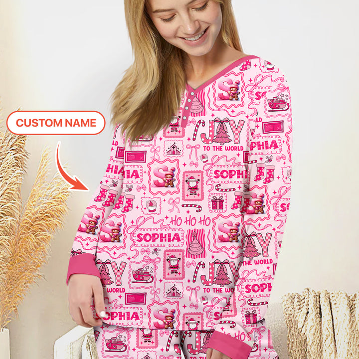 Custom Name Preppy Pink Christmas Women Pajama Set