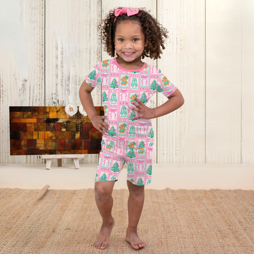 Custom Name "Merry Pink Christmas" Two Piece Short Sleeve Shorts Pajama Set , Custom Name "Merry Pink Christmas" Two Piece Short Sleeve Shorts Pajama Set - 12-18M