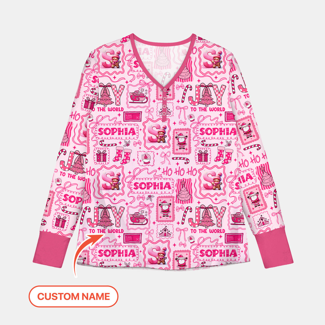 Custom Name Preppy Pink Christmas Women Pajama Set