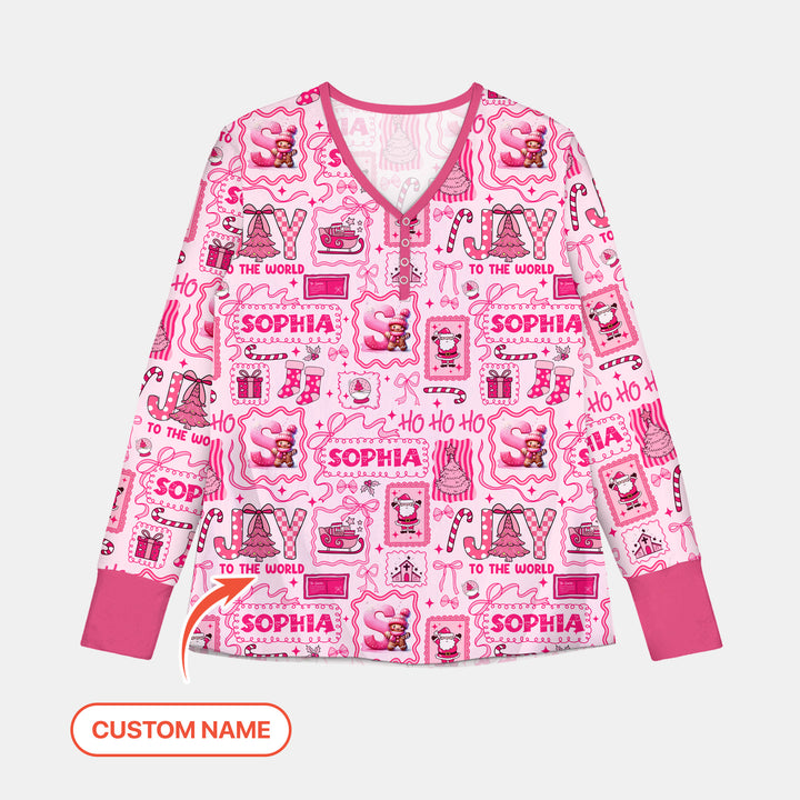 Custom Name Preppy Pink Christmas Women Pajama Set