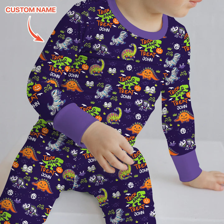 Trick Rawr Treat Custom Name Two Piece Long Sleeve Pajama Set , Trick Rawr Treat Custom Name Two Piece Long Sleeve Pajama Set - 12-18M