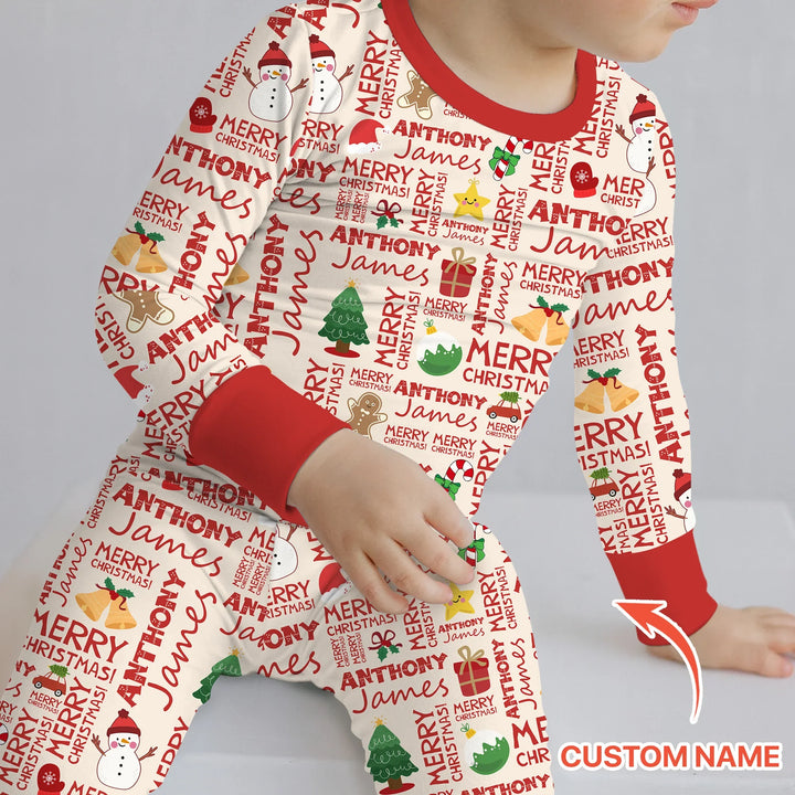 Custom Name Merry Christmas Two Piece Long Sleeve Pajama Set , Custom Name Merry Christmas Two Piece Long Sleeve Pajama Set - 12-18M