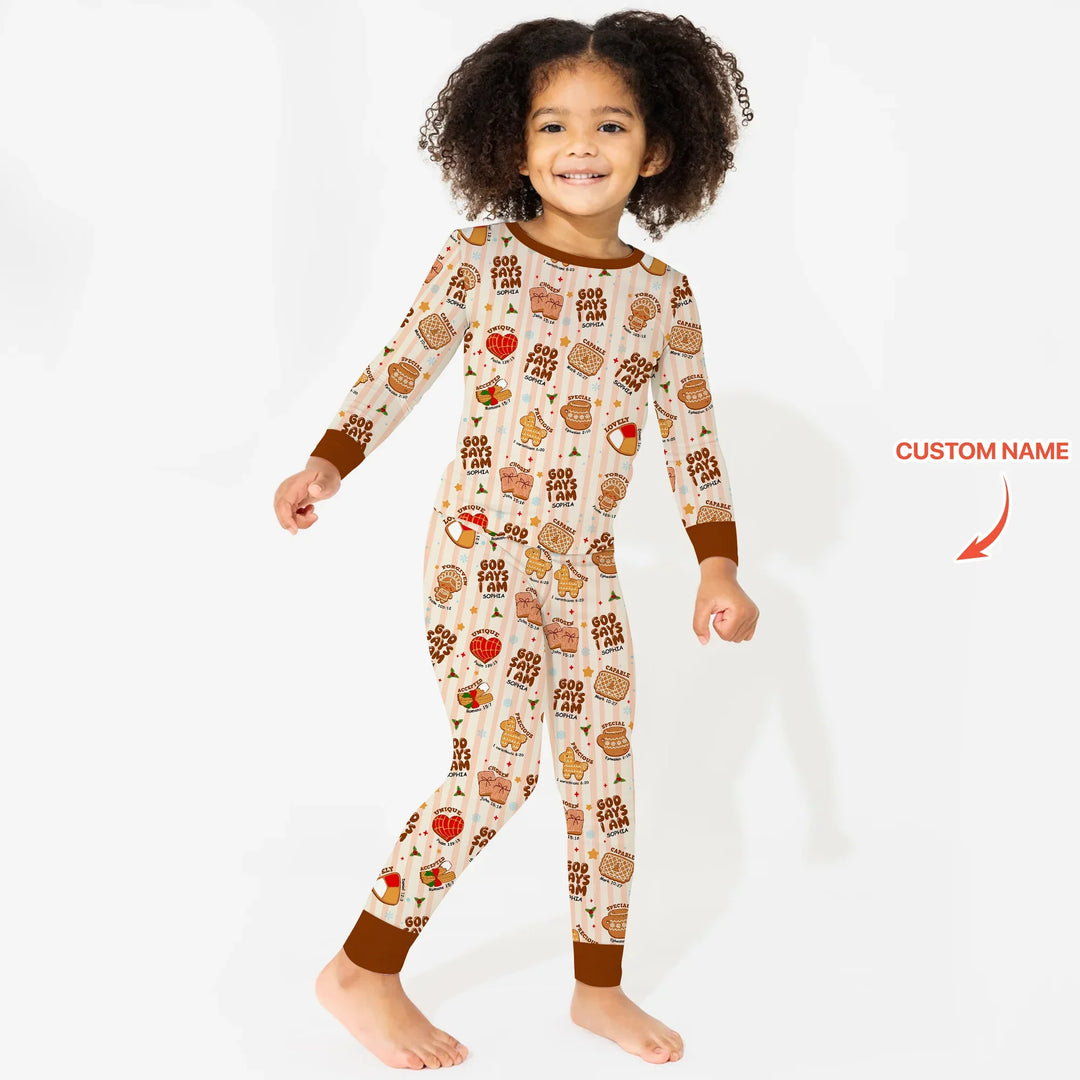 Christmas Mexican Cookies Custom Name For Girls Two Piece Long Sleeve Pajama Set , Christmas Mexican Cookies Custom Name For Girls Two Piece Long Sleeve Pajama Set - 12-18M