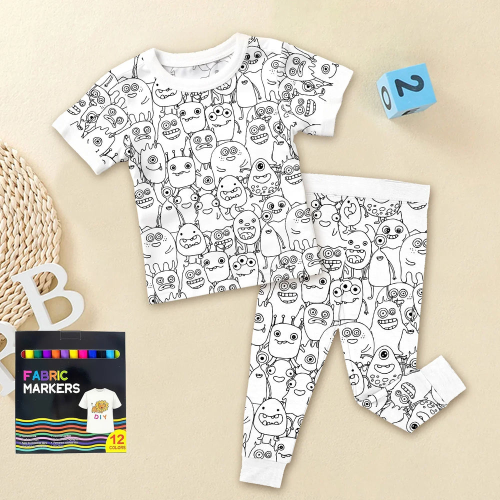Monstrously Fun Colorable Halloween Two Piece Short Sleeve Pajama Set , Monstrously Fun Colorable Halloween Two Piece Short Sleeve Pajama Set - 3T