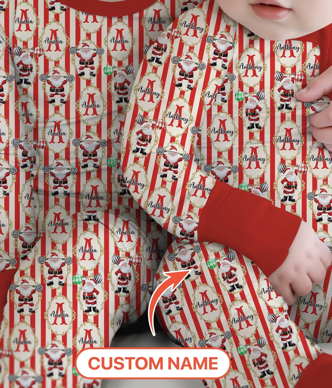Custom Name Santa Stripes Two Piece Long Sleeve Pajama Set