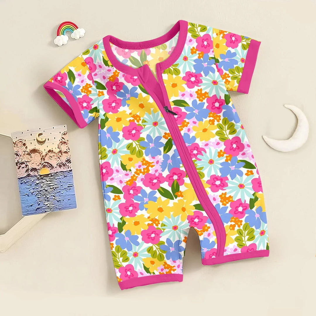 Summer Flowers Shorty Zippered Romper , Summer Flowers Shorty Zippered Romper - Newborn