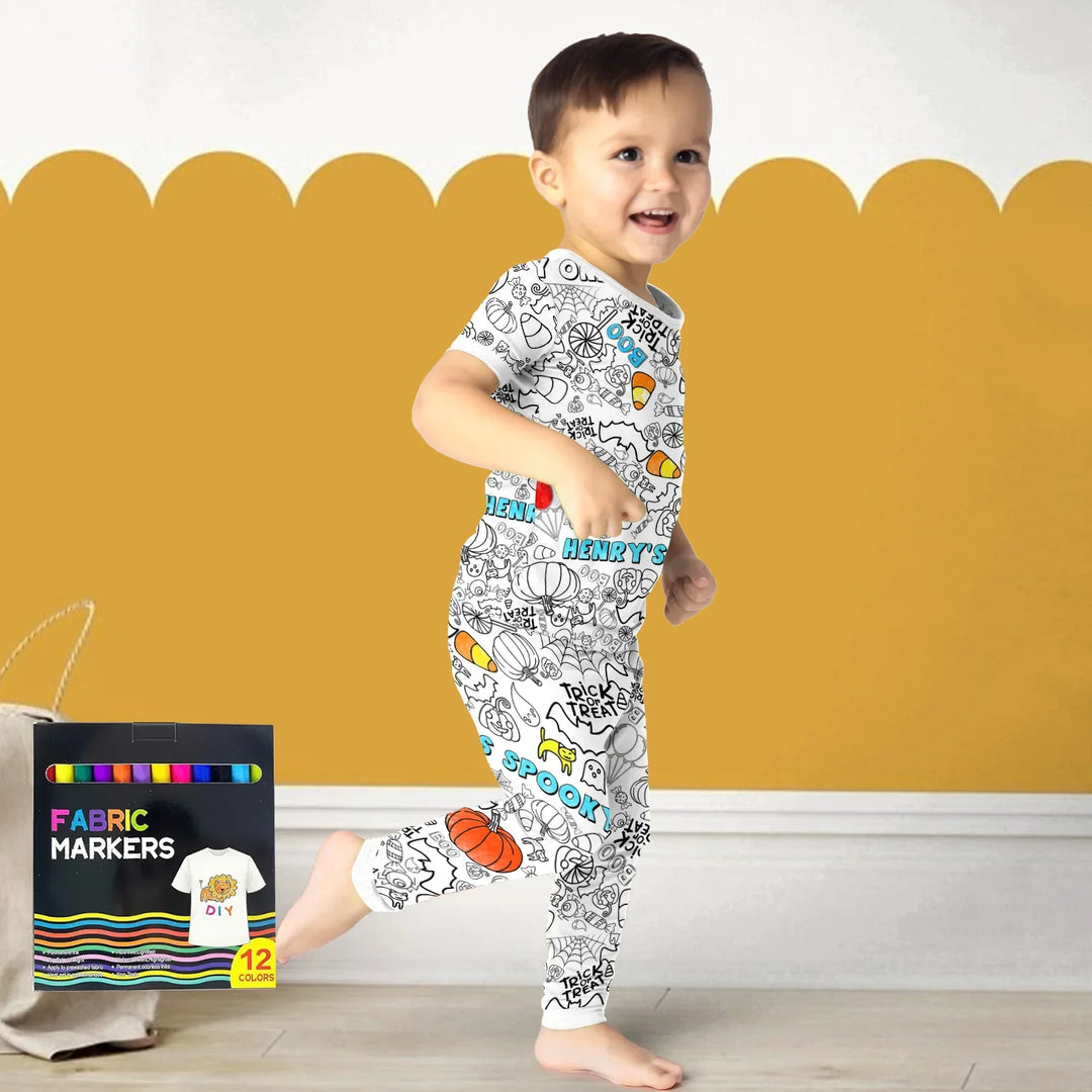Custom Name Spooky Colorable Halloween Two Piece Short Sleeve Pajama Set , Custom Name Spooky Colorable Halloween Two Piece Short Sleeve Pajama Set - 3T