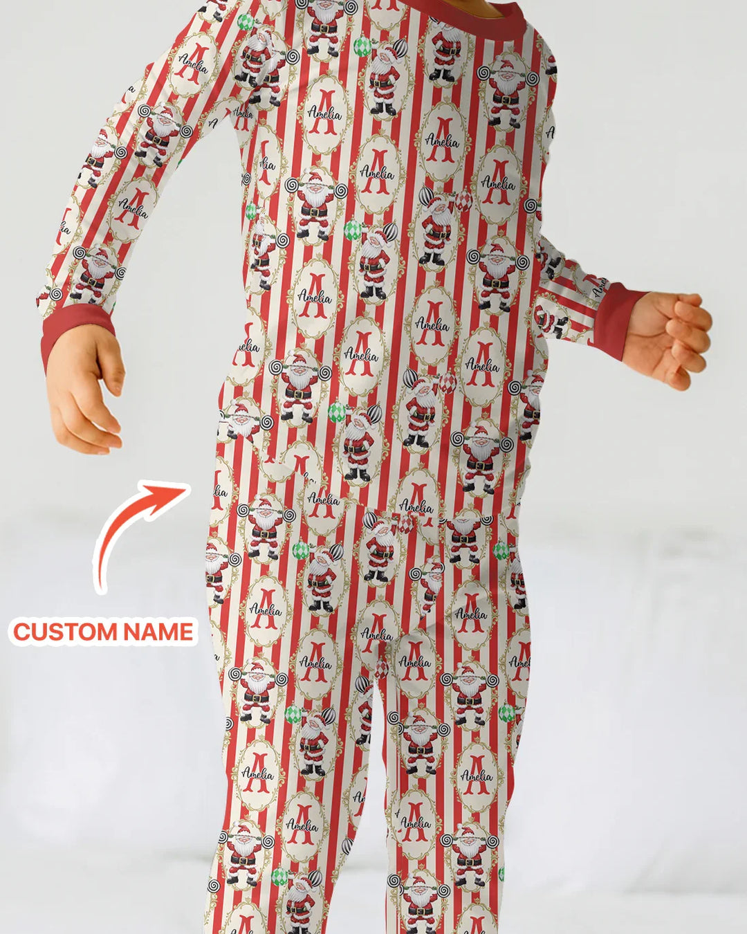 Custom Name Santa Stripes Two Piece Long Sleeve Pajama Set