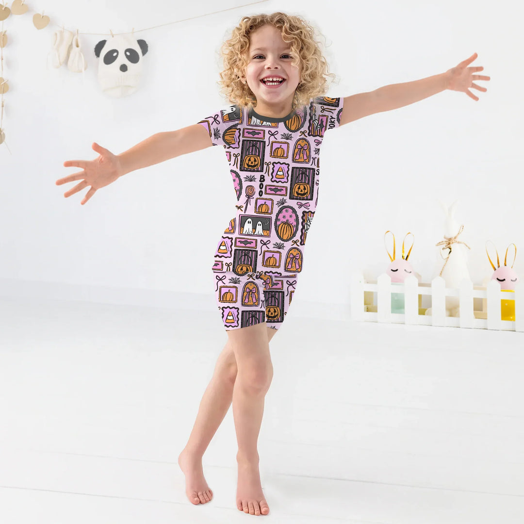 Spooky Frames Two Piece Short Sleeve Shorts Pajama Set For Halloween , Spooky Frames Two Piece Short Sleeve Shorts Pajama Set For Halloween - 12-18M