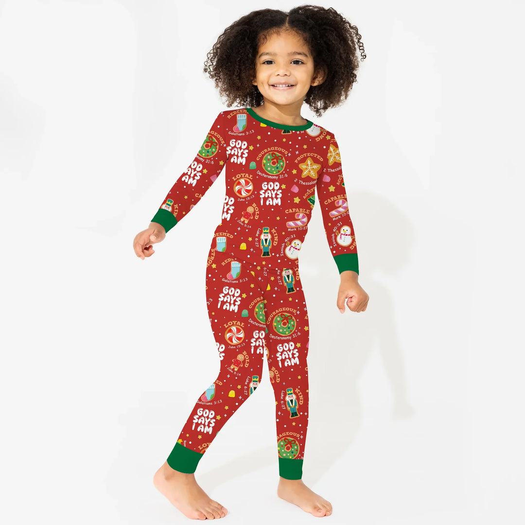 Merry Christmas God Says I Am Two Piece Long Sleeve Pajama Set , Merry Christmas God Says I Am Two Piece Long Sleeve Pajama Set - 12-18M / Green