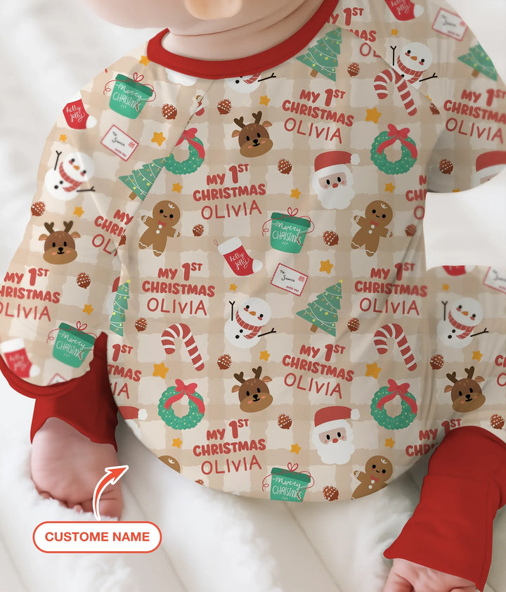 Custom Name My First Christmas Mocha Gingham Convertible Zippy , Custom Name My First Christmas Mocha Gingham Convertible Zippy - 0-3M