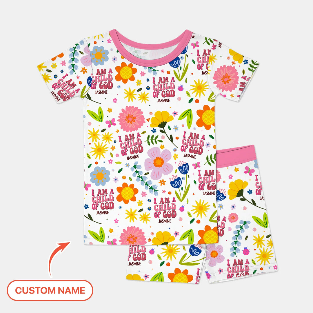 I Am A Child Of God Custom Name Girl Two Piece Short Sleeve Shorts Pajama Set