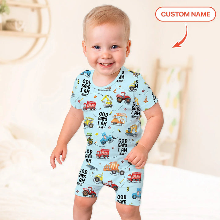 Custom Name God Says I Am Boy Two Piece Short Sleeve Shorts Pajama Set , Custom Name God Says I Am Boy Two Piece Short Sleeve Shorts Pajama Set - 12-18M