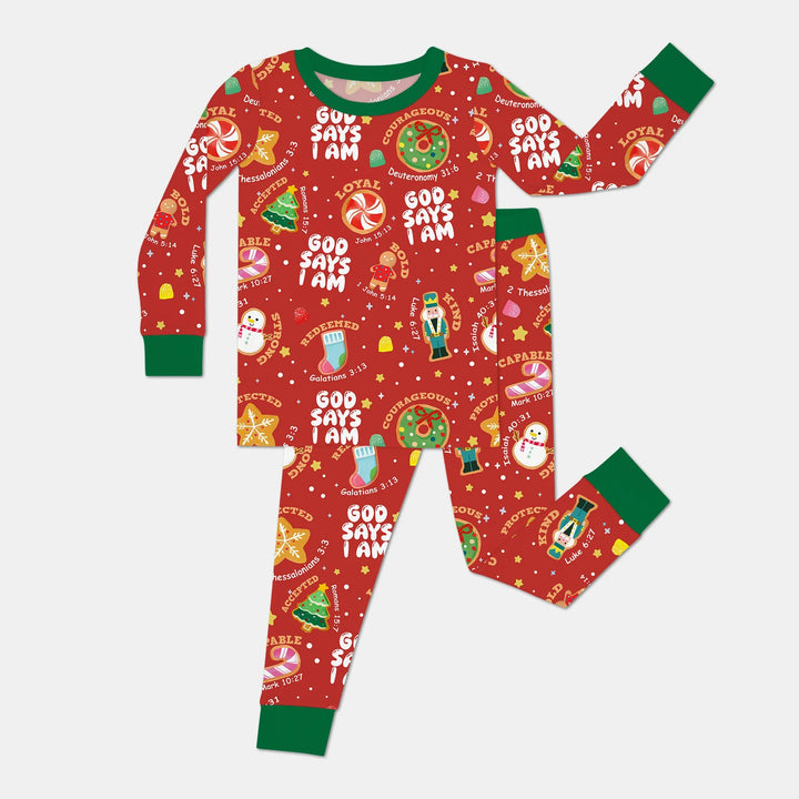 Merry Christmas God Says I Am Two Piece Long Sleeve Pajama Set , Merry Christmas God Says I Am Two Piece Long Sleeve Pajama Set - 12-18M / Red