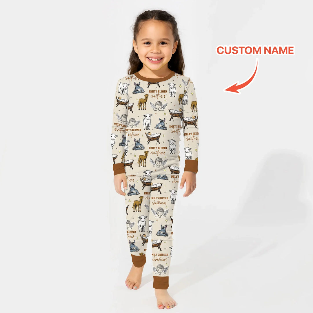 Custom Name Baby Blessed Christmas Two Piece Long Sleeve Pajama Set , Custom Name Baby Blessed Christmas Two Piece Long Sleeve Pajama Set - 12-18M