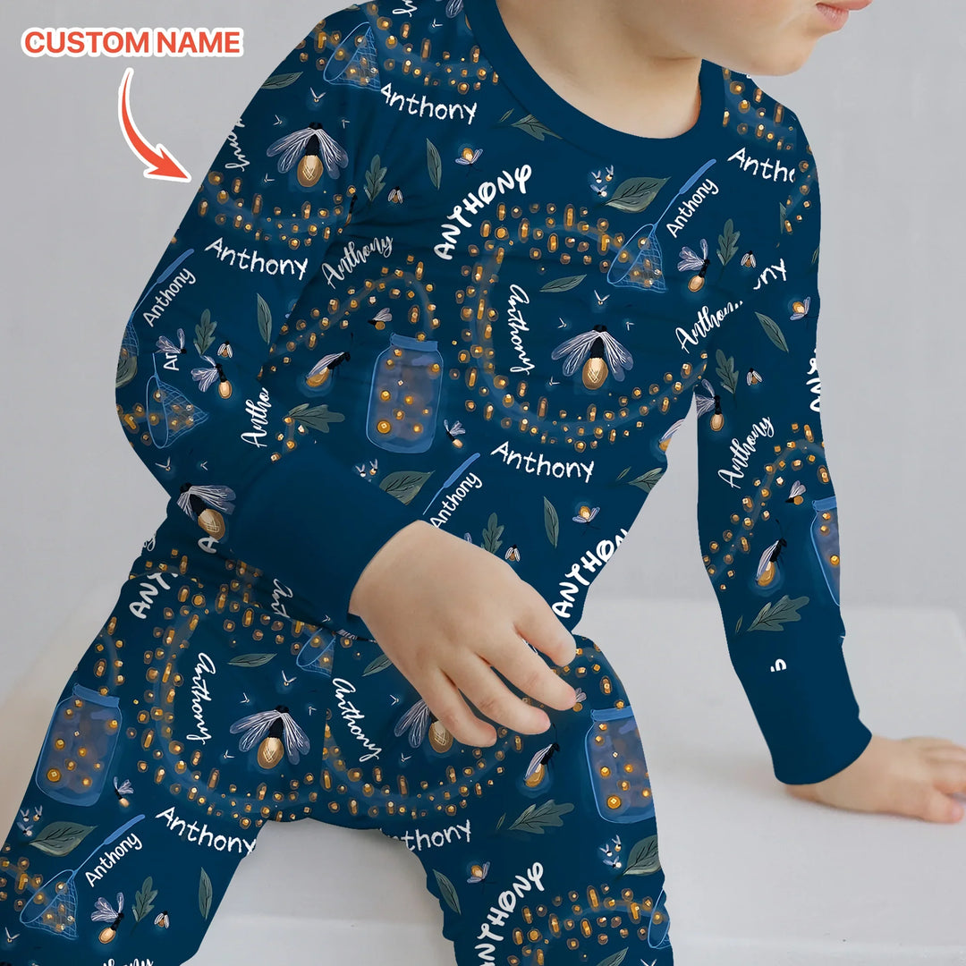Custom Name Catching Fireflies Two Piece Long Sleeve Pajama Set , Custom Name Catching Fireflies Two Piece Long Sleeve Pajama Set - 12-18M