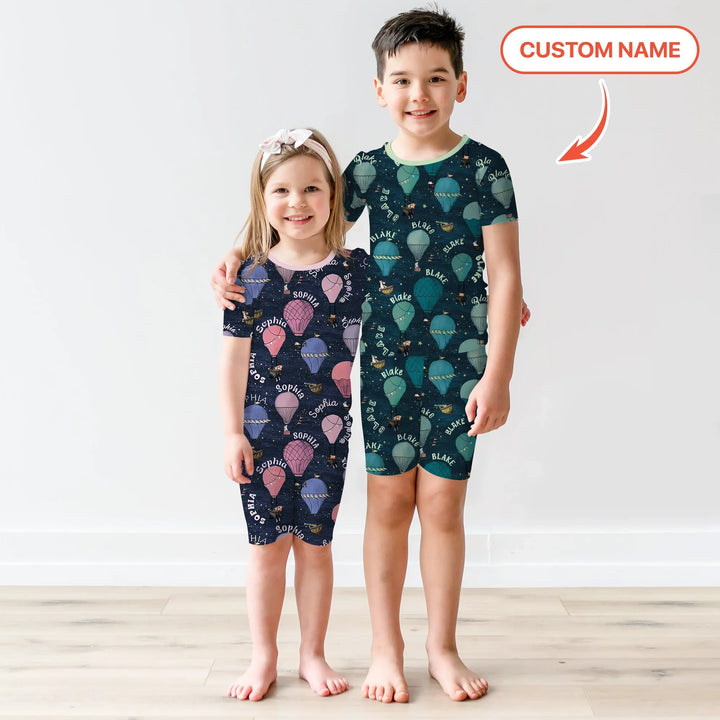 Custom Name Hot Air Balloon Green Two Piece Short Sleeve Shorts Pajama Set , Custom Name Hot Air Balloon Green Two Piece Short Sleeve Shorts Pajama Set - 12-18M