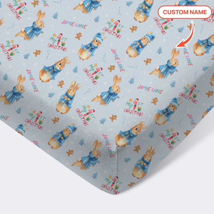 Custom 1st Christmas Rabbit Fitted Crib Sheet