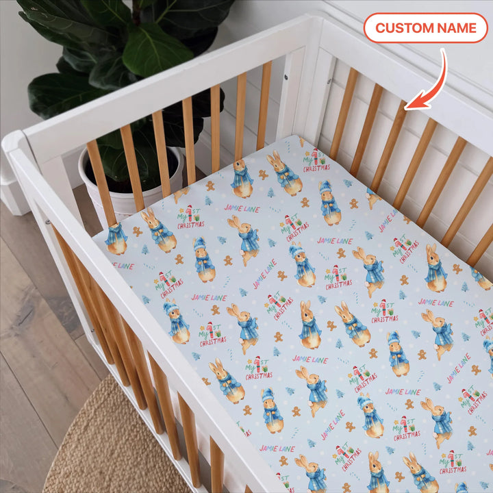 Custom 1st Christmas Rabbit Fitted Crib Sheet