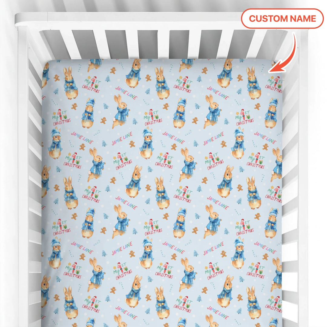 Custom 1st Christmas Rabbit Fitted Crib Sheet