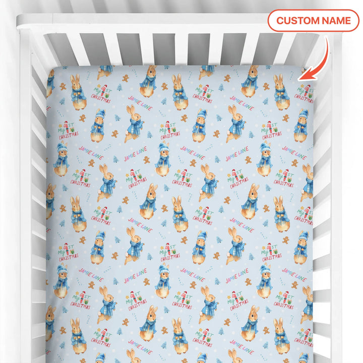Custom 1st Christmas Rabbit Fitted Crib Sheet