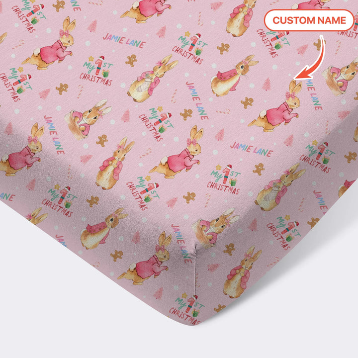 Custom 1st Christmas Rabbit Fitted Crib Sheet
