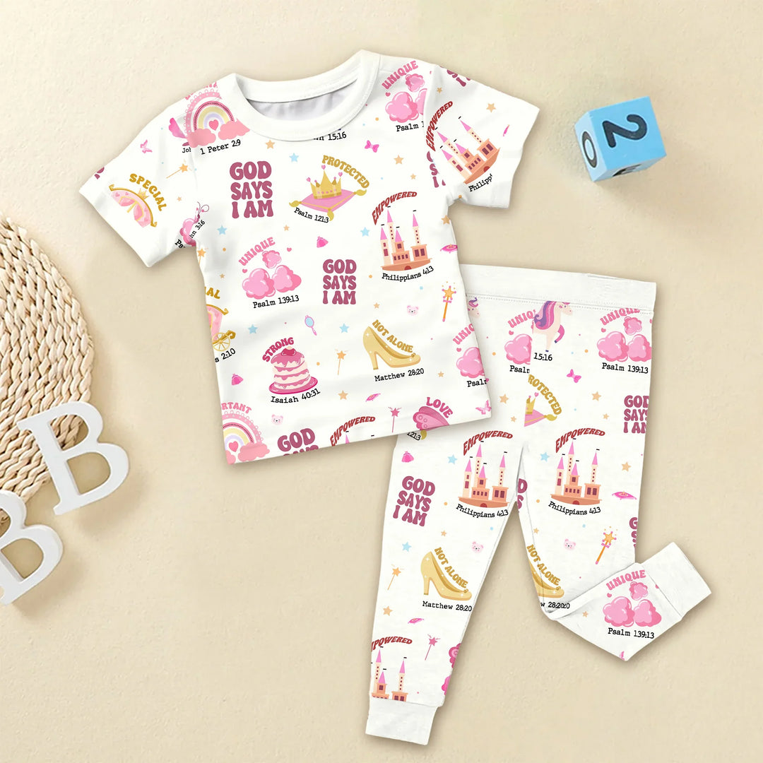 God Says I Am Girl Two Piece Short Sleeve Pajama Set , God Says I Am Girl Two Piece Short Sleeve Pajama Set - 12-18M / White